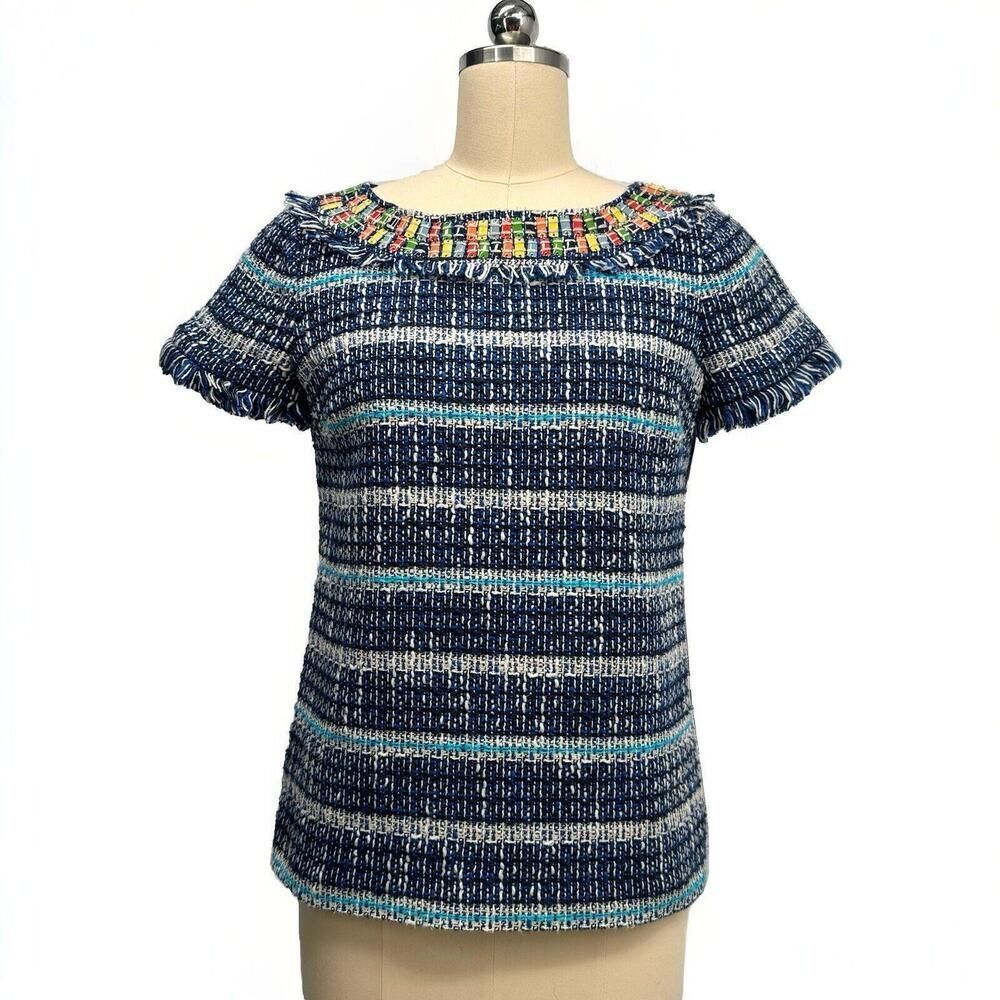 Tory Burch Womens Joan Tweed Top Blouse Normandy Blue No Sz Tag Fits M
